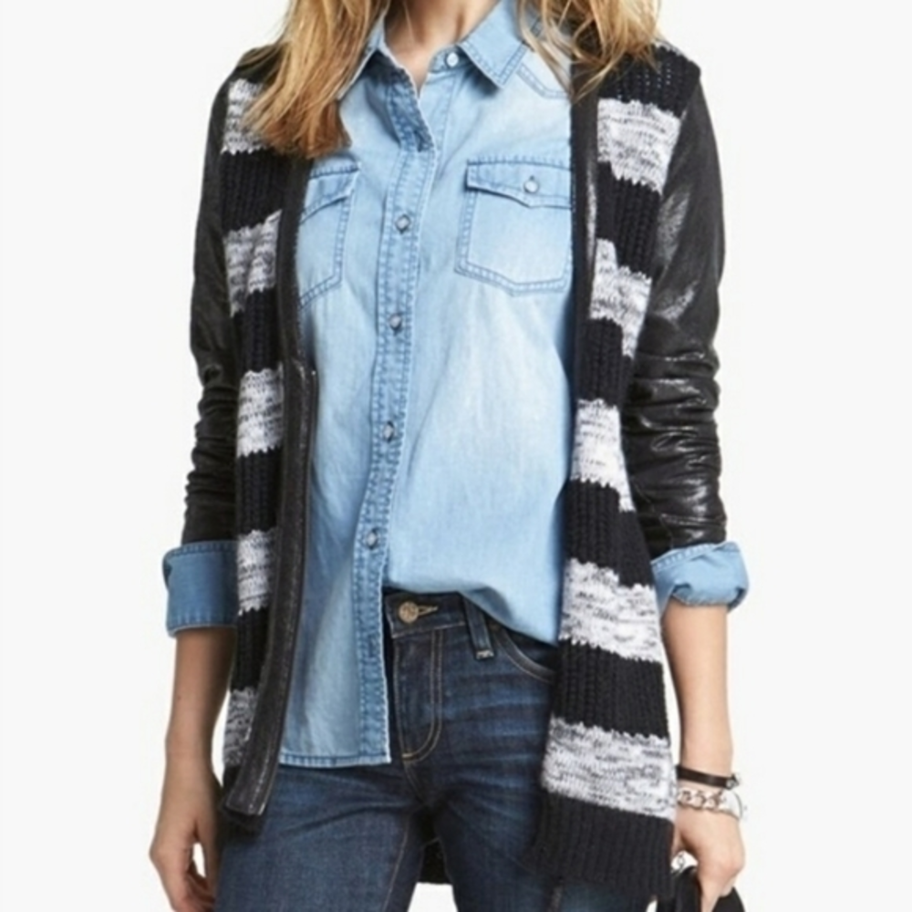 NORDSTROM TROUVE BLACK‎ FAUX LEATHER KNIT CARDIGAN Size Medium